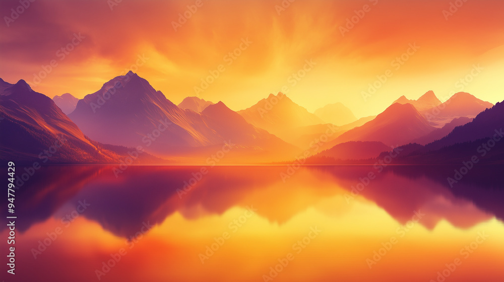 Golden mountains bathed in the warm glow of the setting sun, reflecting in a calm lake. Golden mountains bathed in the warm glow of the setting sun, reflecting in a calm lake.
