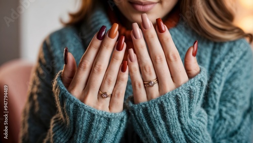 Fototapeta Naklejka Na Ścianę i Meble -  Close-up of a woman's hands in a turquoise sweater. She has a perfect manicure in autumn shades, showcasing a cozy fall vibe with warm, inviting tones.