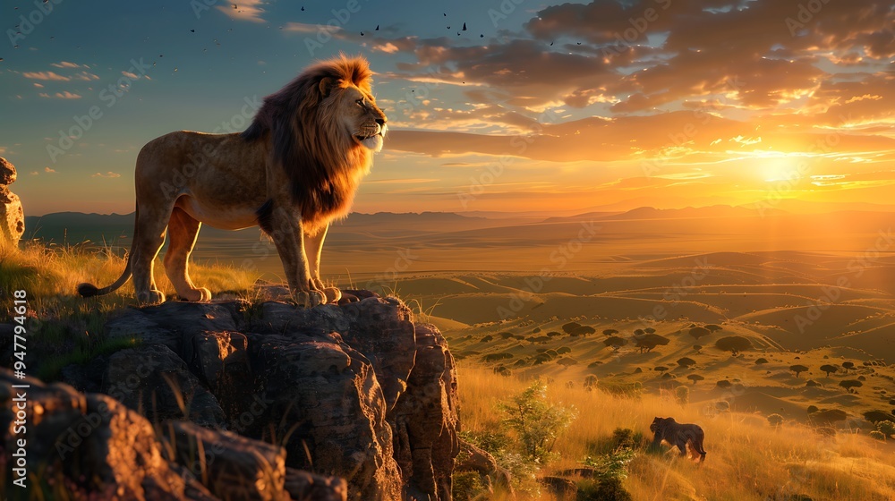 Beautiful lion on a cliff in the grassland at an amazing sunset
