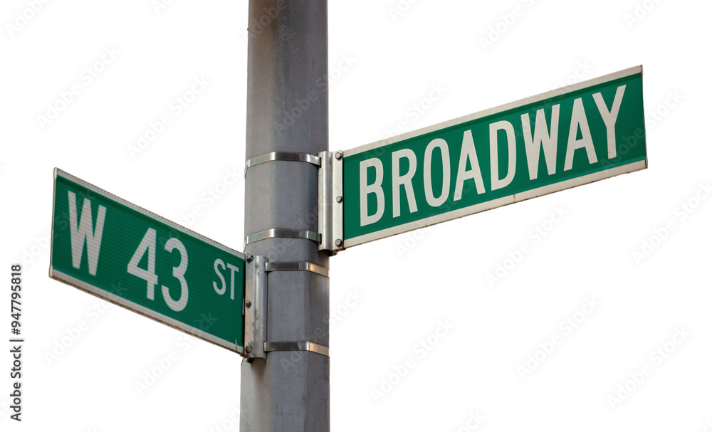 Broadway and W43 corner road sign isolated on white, transparent. Green color street signs, crossroad in New York city, United States