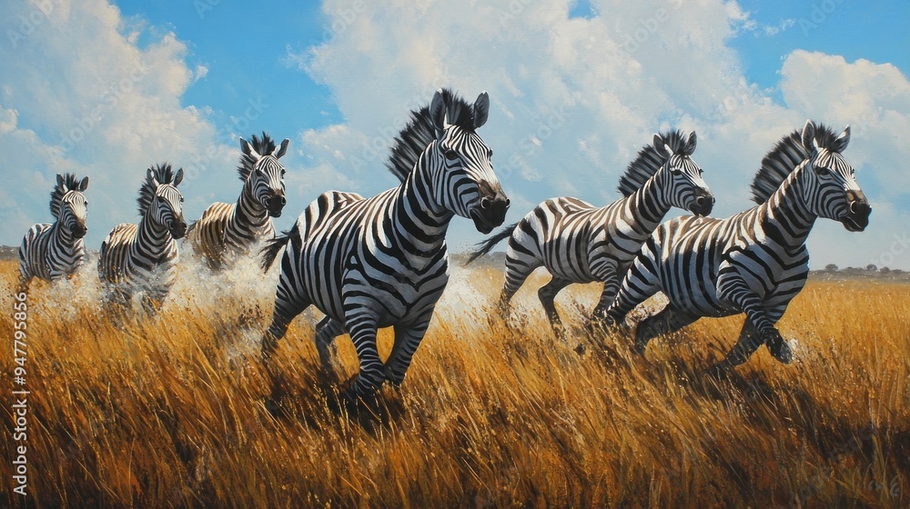 Naklejka premium A Herd of Zebras Running Through the Grass