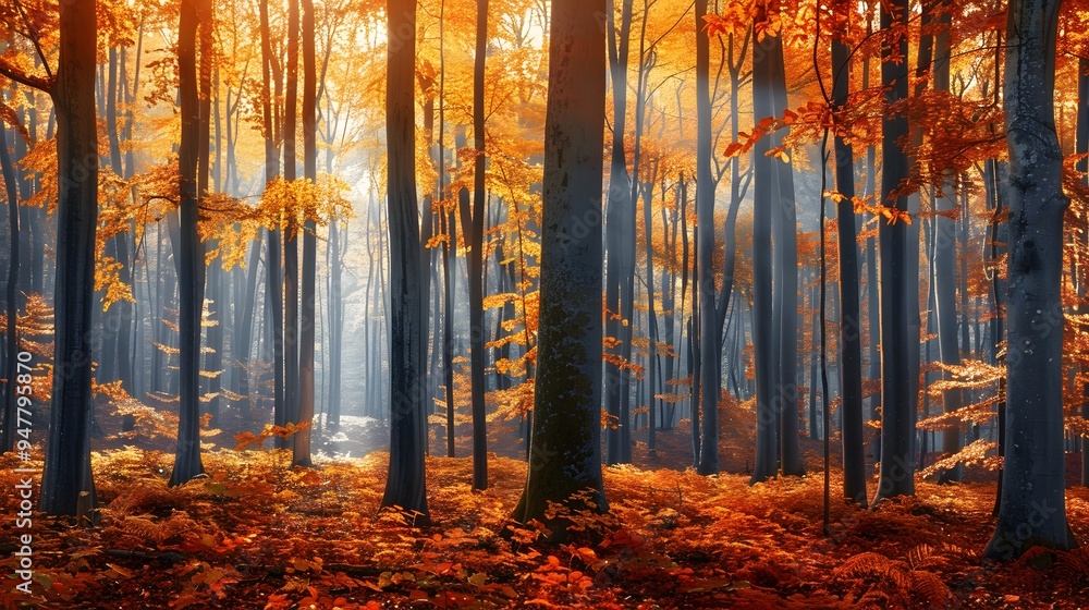 Fototapeta premium Golden Autumn Sunlight Streaming Through a Dense Forest