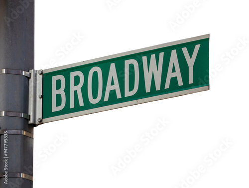Broadway road sign isolated on white, transparent. Green color street sign on a post in Manhattan New York city, US