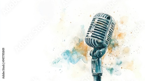 Watercolor illustration of a vintage vocal microphone on a stand Hand drawn clipart featuring music themes such as rock jazz blues and sound recording on a white background