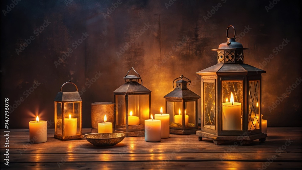 Fototapeta premium Lanterns and candles casting a warm glow on a table in a dark room, lanterns, candles, table, dark, room, ambiance