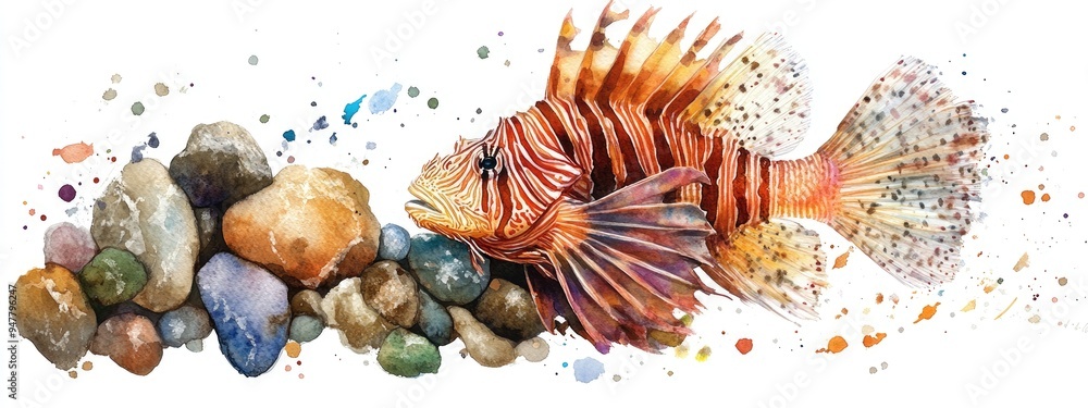 Obraz premium Watercolor illustration of bottom stones a snag and a lionfish on a white background The skillfully painted realistic fish enhances the vibrant colors Ideal for wildlife themed textile printing st