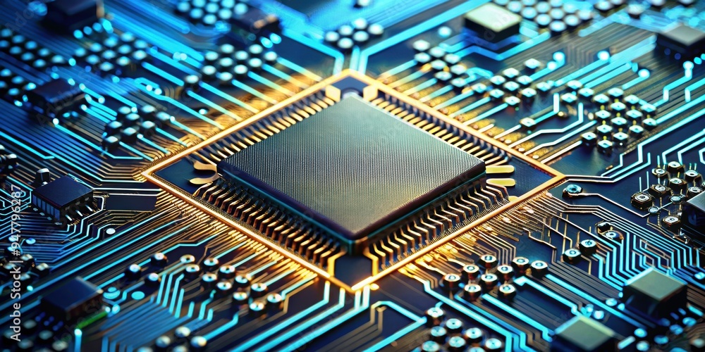 Detailed close-up of a technology chip with intricate circuit details in high definition, technology, chip Detailed close-up of a technology chip with intricate circuit details in high definition, technology, chip