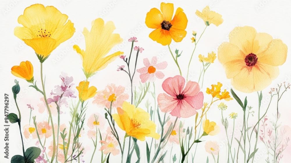 Watercolor illustration of a variety of yellow and pink flowers Watercolor illustration of a variety of yellow and pink flowers