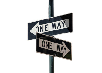 One way signs on a post isolated on white transparent, New York city USA