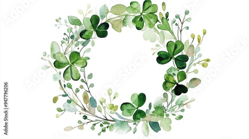 Watercolor illustration of a wreath composed of green clover and dotted accents
