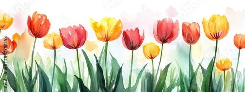 Watercolor illustration of vibrant tulip flowers following a spring rain in a natural setting