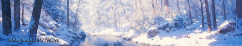 Enchanting Anime-Style Winter Forest Stream: Serene Snowy Landscape with Radiant Sunbeams. Minimalist Cartoon Illustration of Peaceful Snow-Covered Trees and Flowing Creek, Perfect for Holiday Marketi