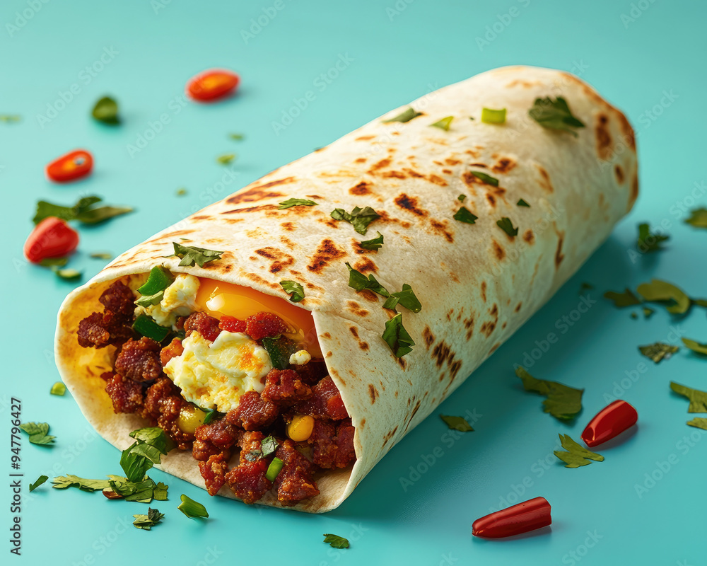 Chorizo and Egg Burrito on a Solid Blue Background Chorizo and Egg Burrito on a Solid Blue Background