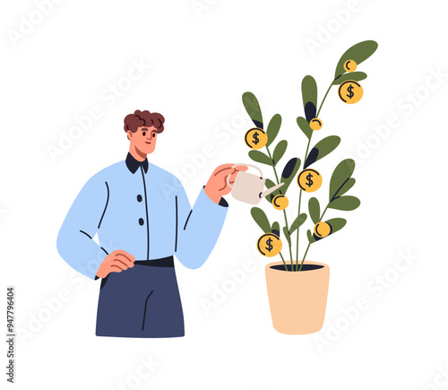Growing and increasing wealth, investment concept. Money plant in pot, income growth, financial success. Economic development, personal finance. Flat vector illustration isolated on white background