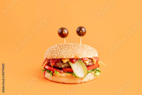Funny Monster Burger on the orange background
