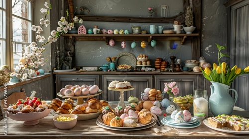 Springtime Delights Vibrant Easter Pastries and Eggs on Rustic Kitchen Table