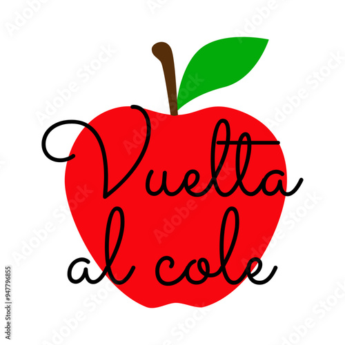 Logo con silueta de manzana con letras palabra Vuelta al cole en español en texto manuscrito