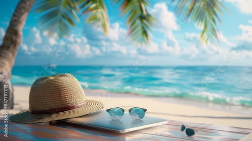 Fototapeta Naklejka Na Ścianę i Meble -  Coastal Commute Laptop Sunglasses and Sunhat on a Beach Workspace with Ocean View WorkLife Balance Concept
