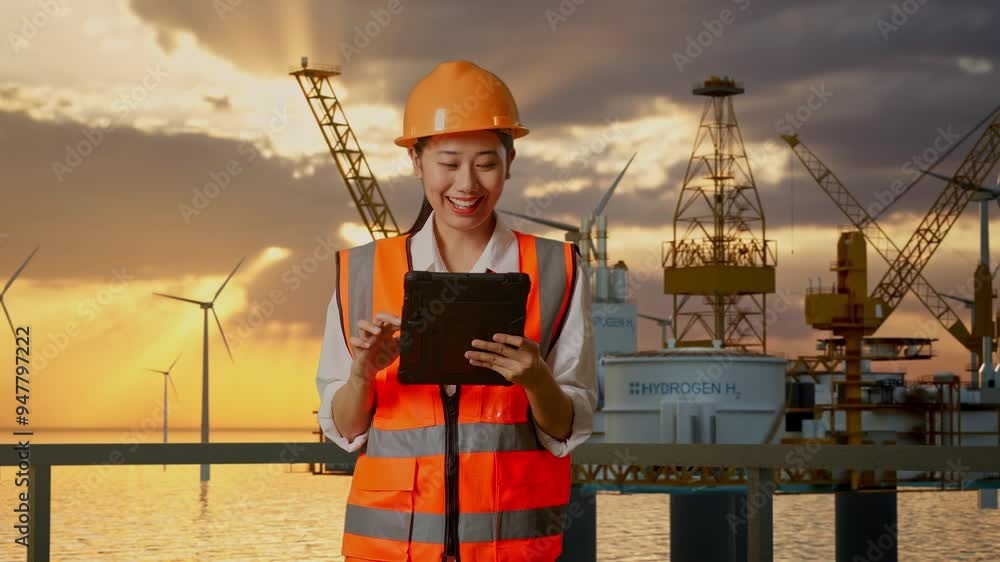 Asian Female Engineer With Safety Helmet Working On A Tablet While Standing With Hydrogen Production Asian Female Engineer With Safety Helmet Working On A Tablet While Standing With Hydrogen Production