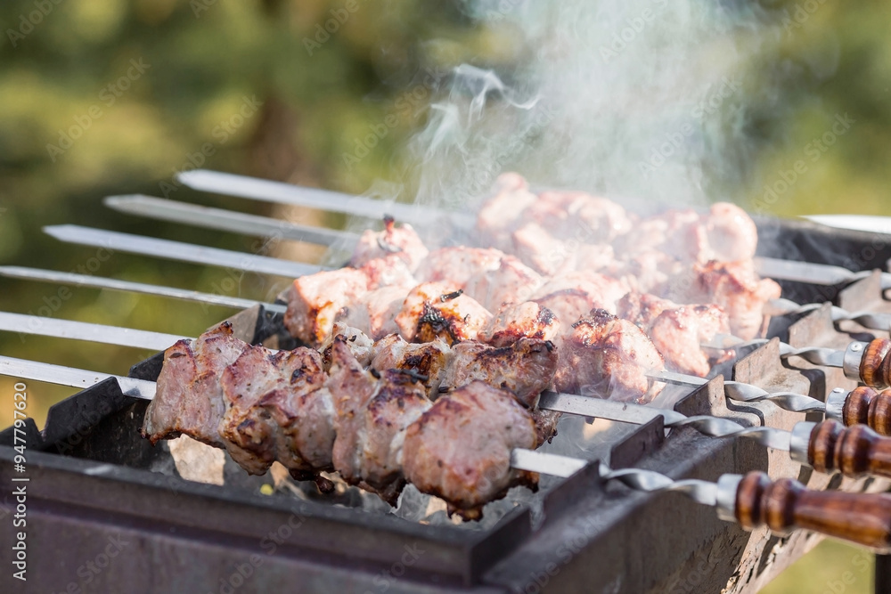Pork kebab in the country in nature. May holidays. Pork kebab on skewers. The process of cooking meat on the grill with smoke, close-up. Pork kebab in the country in nature. May holidays. Pork kebab on skewers. The process of cooking meat on the grill with smoke, close-up.