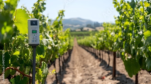 Cutting edge IoT sensors installed in a vineyard continuously monitoring and collecting crucial data on moisture and temperature levels to enable precision driven sustainable agriculture practices