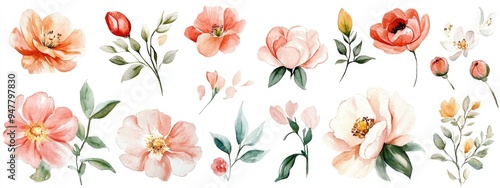 Watercolor illustration of flowers Comprehensive set of hand drawn elements