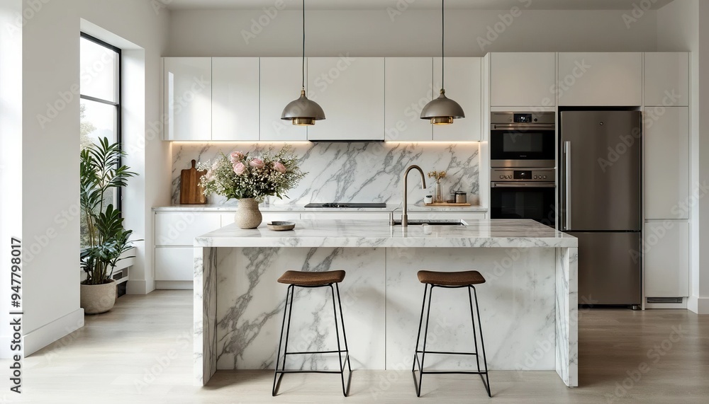 Fototapeta premium Modern Minimalist Kitchen with Marble Countertops