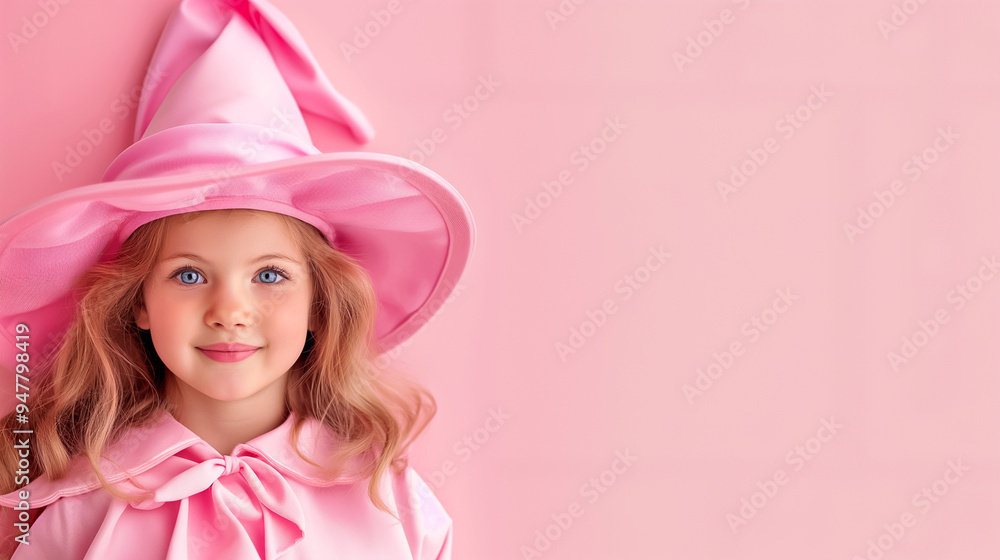 A girl smiles joyfully while dressed in a pink witch hat and matching attire. The soft pink backdrop enhances her playful expression and outfits, creating a cheerful atmosphere A girl smiles joyfully while dressed in a pink witch hat and matching attire. The soft pink backdrop enhances her playful expression and outfits, creating a cheerful atmosphere