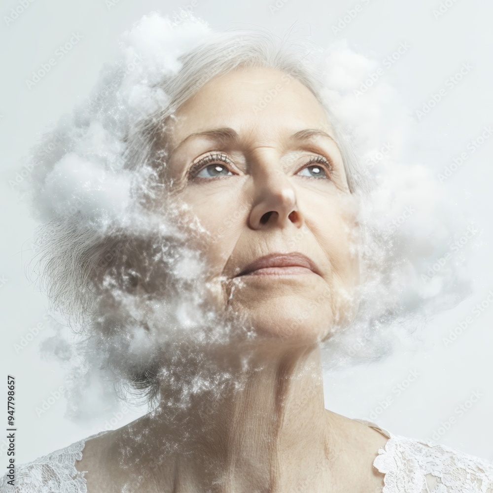 Portrait, Beauty In Age, Mature Woman Surrounded By Soft White Fluffy Clouds, Hope And Dreams Portrait, Beauty In Age, Mature Woman Surrounded By Soft White Fluffy Clouds, Hope And Dreams