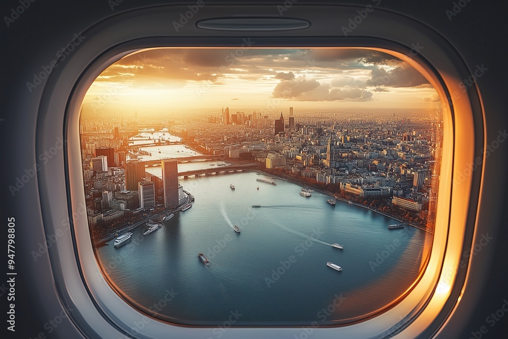 Naklejka premium Traveling around the world by airplane concept showing tourist attractions at the window
