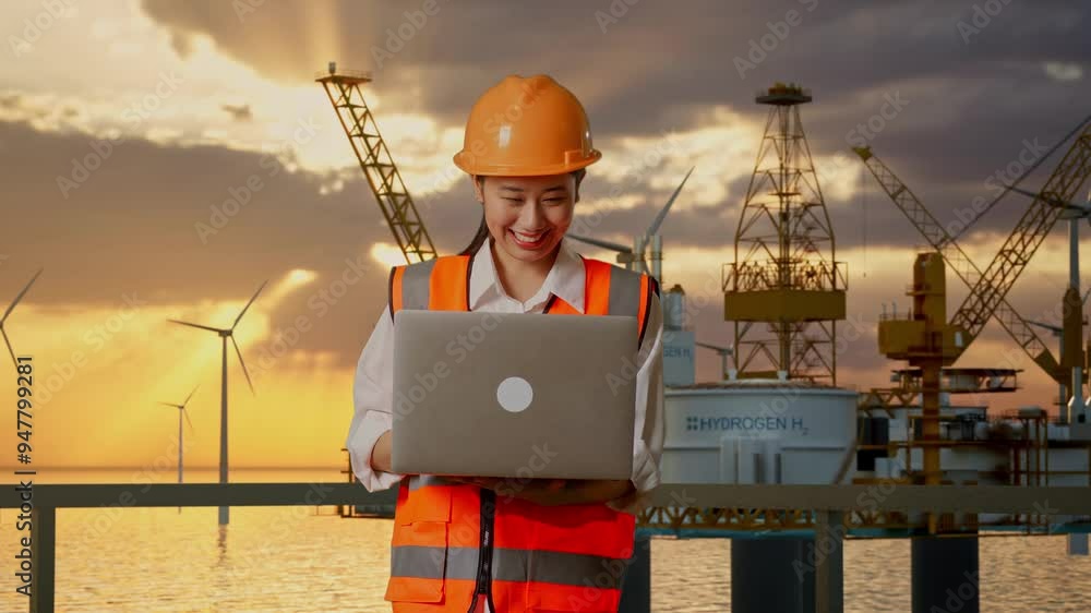 Asian Female Engineer With Safety Helmet Working On A Laptop While Standing With Hydrogen Production Asian Female Engineer With Safety Helmet Working On A Laptop While Standing With Hydrogen Production