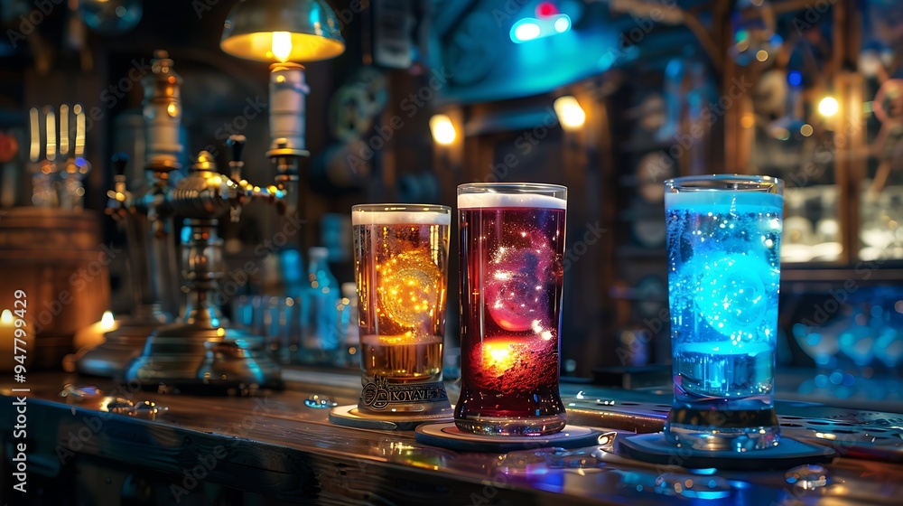 Beverages with glowing hues at a steampunk pub Beverages with glowing hues at a steampunk pub