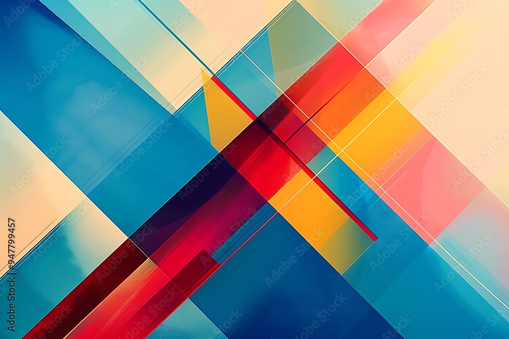 Minimalist abstract art featuring overlapping vibrant geometric shapes, bold lines, sharp contrasts, and a harmonious color palette of blue, red, and yellow, with a subtle gradient background. Minimalist abstract art featuring overlapping vibrant geometric shapes, bold lines, sharp contrasts, and a harmonious color palette of blue, red, and yellow, with a subtle gradient background.