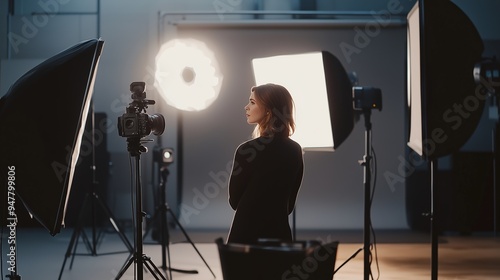 Model posing in a professional studio setting with multiple lights during a photoshoot