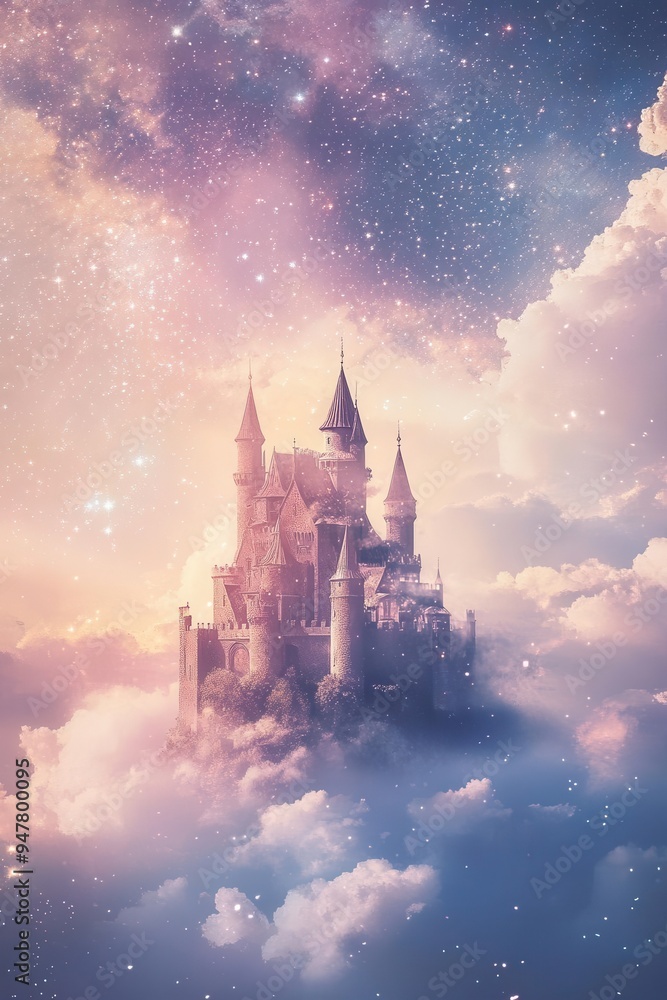 Naklejka premium Enchanted castle floating amidst the clouds, surrounded by shimmering stars in a pastel-hued sky, evoking a dreamy fairytale world