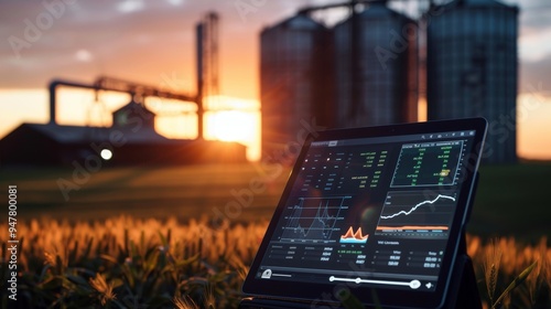 Sunrise Serenity Tablet Showing Realtime Agricultural Commodity Trading Platform with Grain Silo in Background
