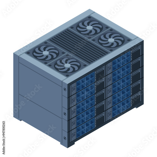 Isometric server. Server racks. Server boxes isolated. Network server room. Computer network technology. Vector illustration