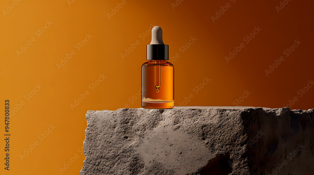 glass bottle with a pipette, containing a luxurious skincare serum, set on a rugged concrete podium. The background shifts from rich brown to a bright orange glass bottle with a pipette, containing a luxurious skincare serum, set on a rugged concrete podium. The background shifts from rich brown to a bright orange