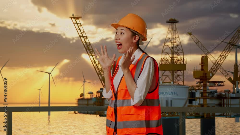 Side View Of Asian Female Engineer With Safety Helmet Smiling To Camera And Saying Wow While Standing With Hydrogen Production Side View Of Asian Female Engineer With Safety Helmet Smiling To Camera And Saying Wow While Standing With Hydrogen Production