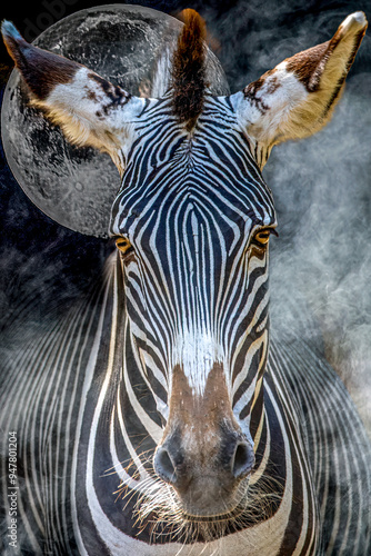 close-up portrait of a zebra at night in fog with full moon photo