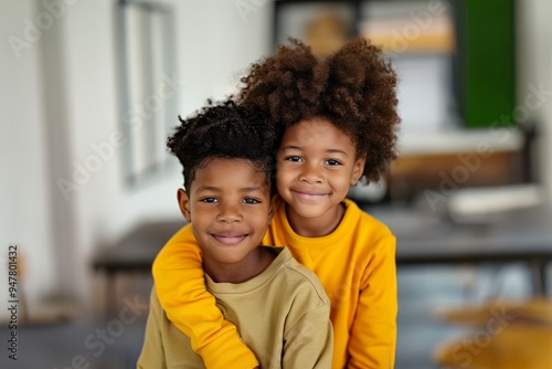 Two African-American brothers embrace in their home