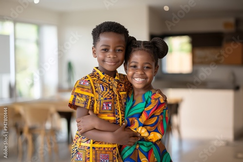 Two African brothers hugging inside their home