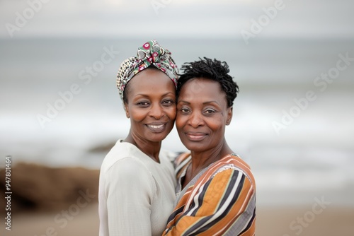 Two African American women hugging on the beach. Lesbian couple of black women