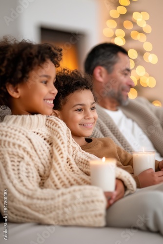 A family of three, a man and two children, are sitting on a couch and holding candles