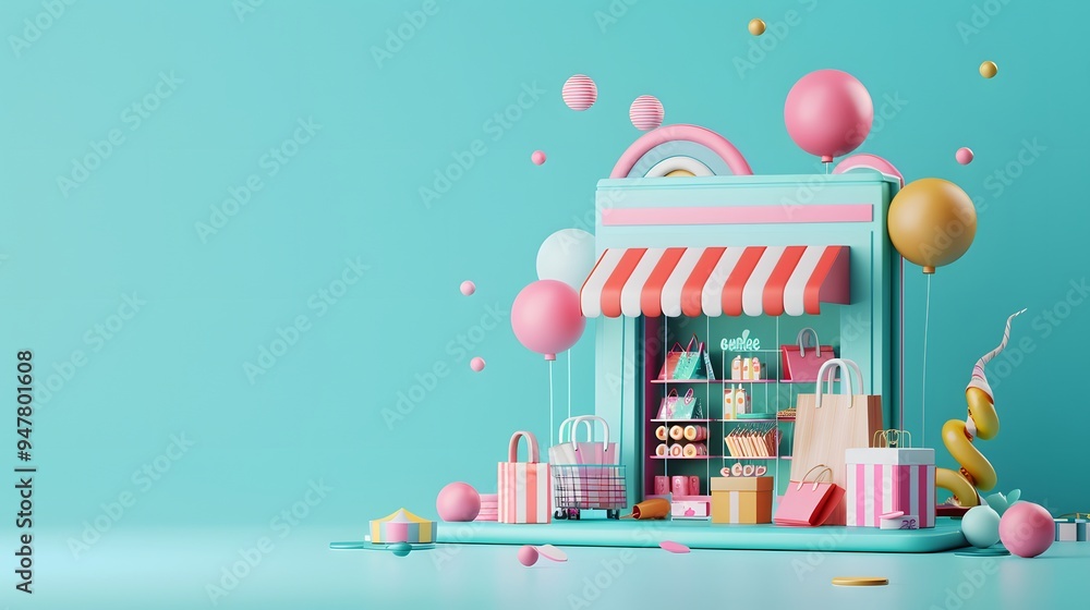 Cartoon Store Front With Balloons and Shopping Bags Cartoon Store Front With Balloons and Shopping Bags