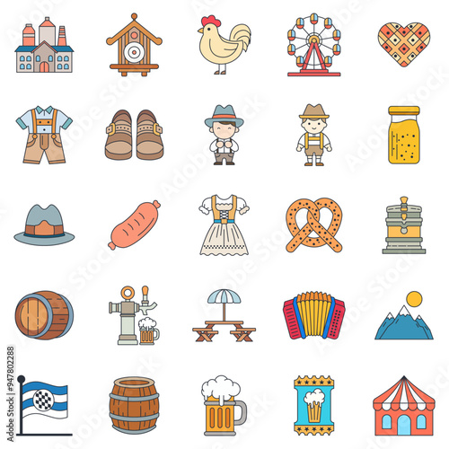 Oktoberfest icons set, Included icons as Accordion, Beer Barrel, Brewery, Dirndl Dress and more symbols collection, logo isolated vector illustration