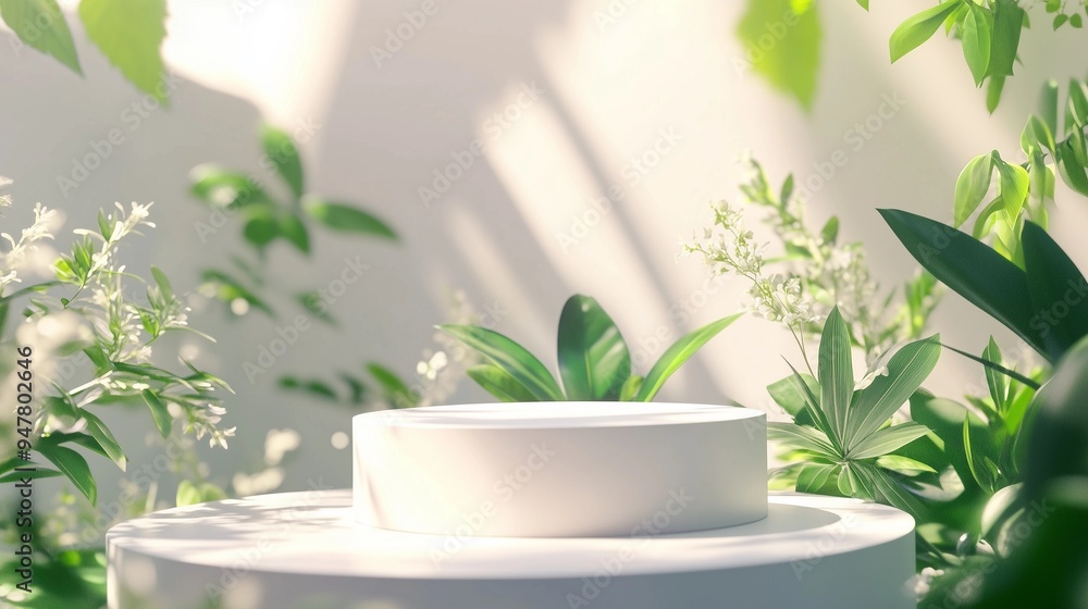 A white podium, natural background, indoor space with flowers and plants, aesthetic background A white podium, natural background, indoor space with flowers and plants, aesthetic background