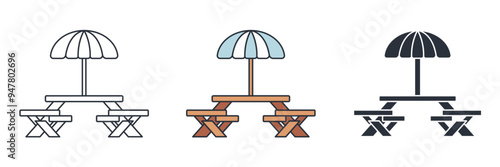 Biergarten Table, Oktoberfest wood food table icon symbol vector illustration isolated on white background