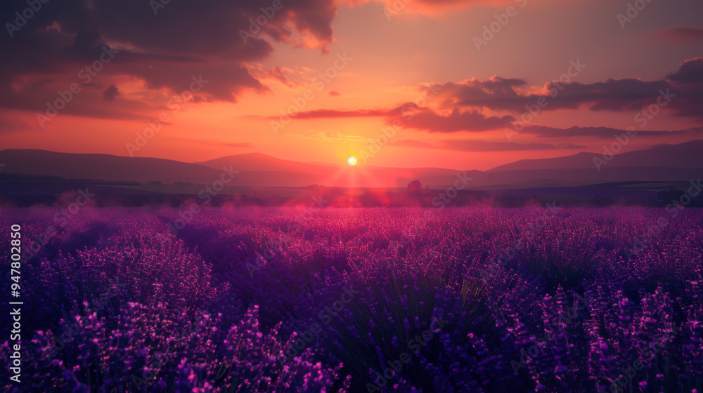 A field of lavender flowers with a sun setting in the background. The sky is filled with clouds and the sun is shining brightly. A field of lavender flowers with a sun setting in the background. The sky is filled with clouds and the sun is shining brightly.