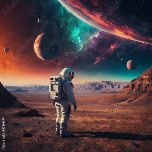 astronaut admiring a alien landscape